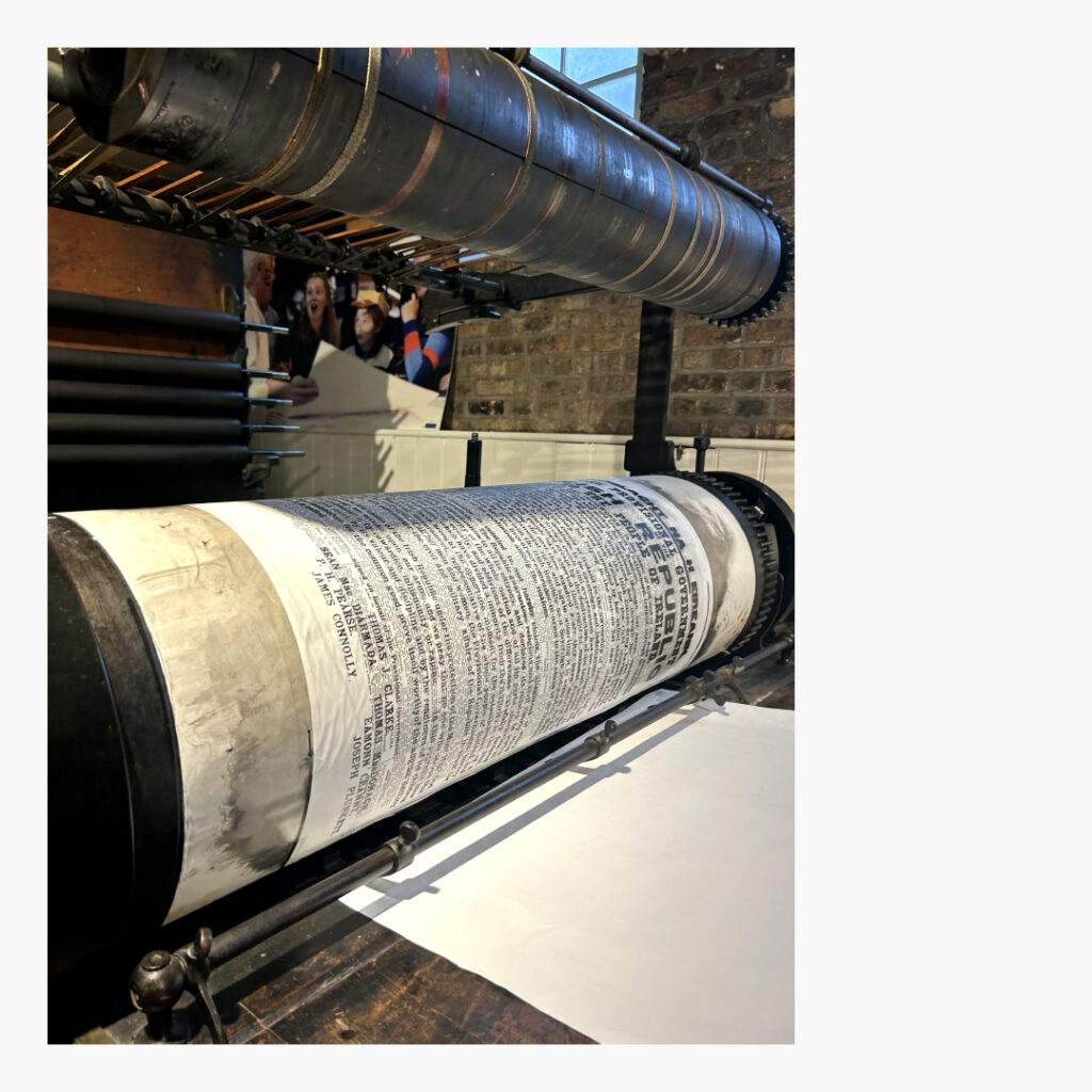 The proclamation of Ireland sits on a printing roller at the National Print Museum